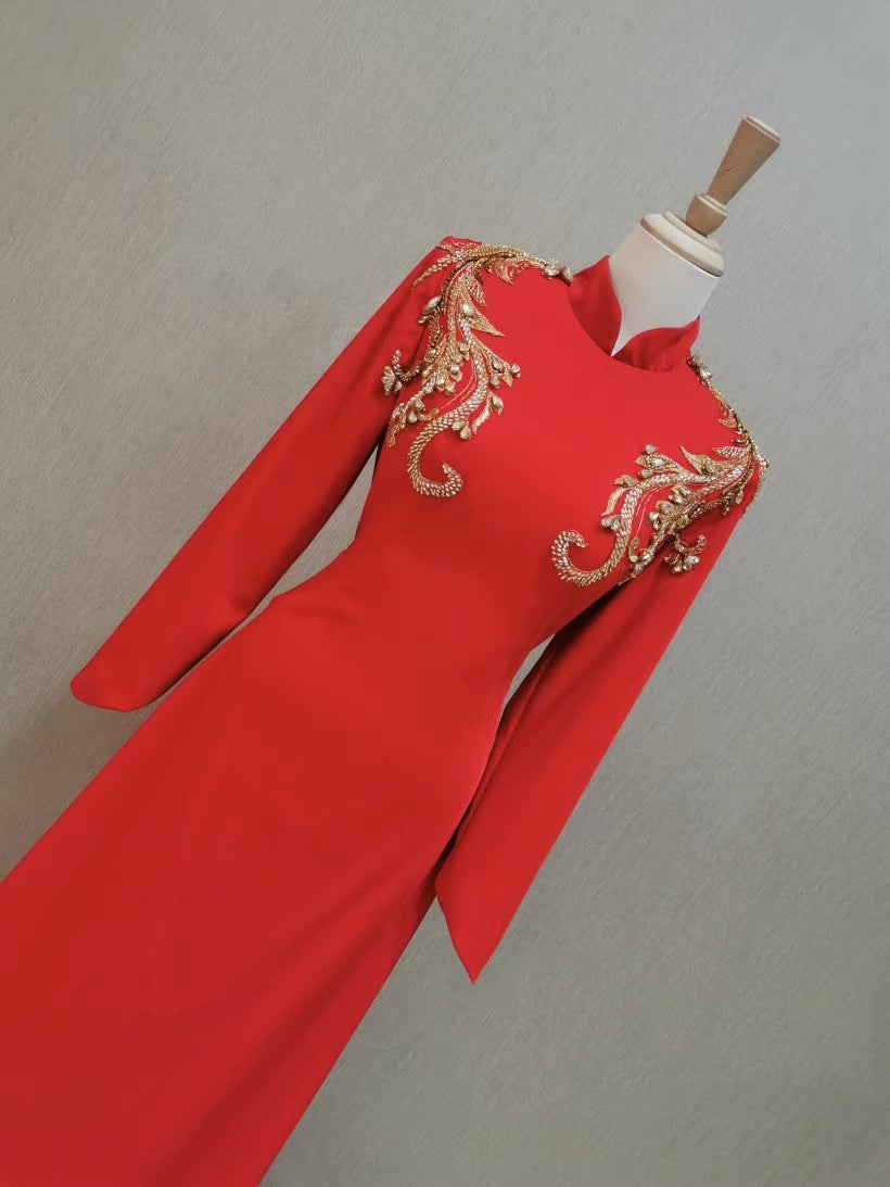 Vestido de noche de banquete para mujer de manga larga rojo