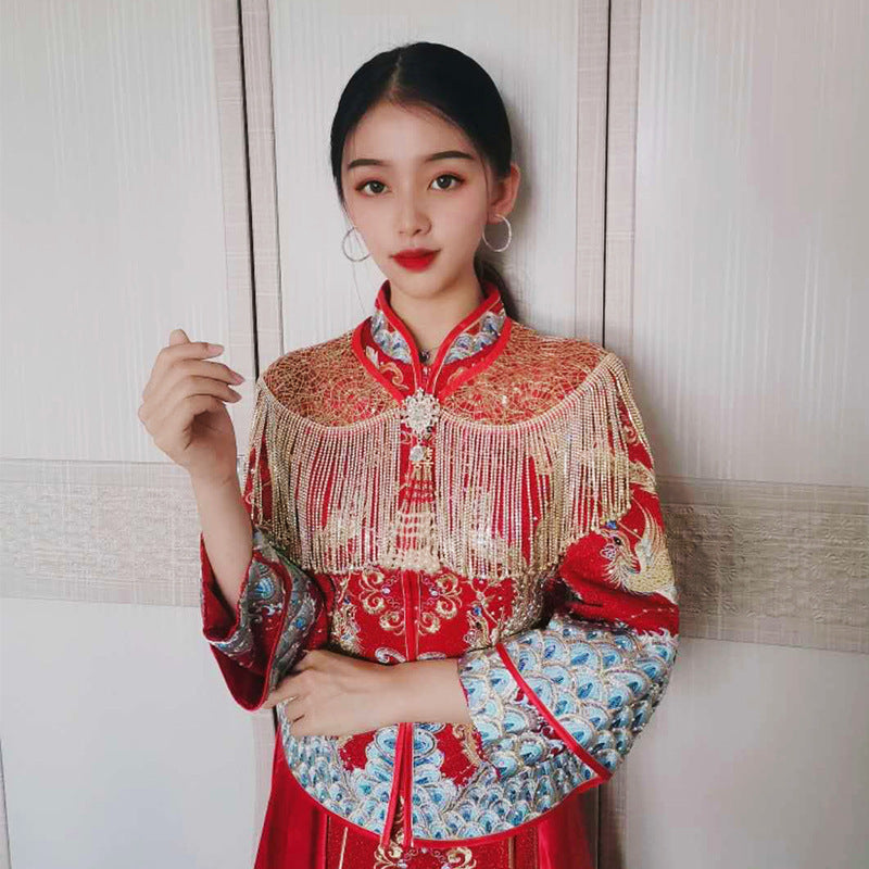 Xiuhe Mantón Boda Nupcial Vestido Tradicional De Encaje Con Borlas De Oro Rojo