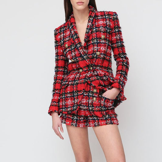 Double-Breasted Tweed Plaid Woolen Fringed Jacket