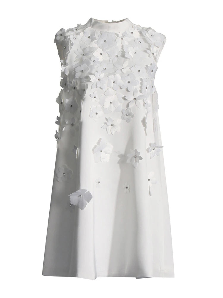 Stand-up Collar Bowknot Beaded Decoration Sleeveless Loose Dress