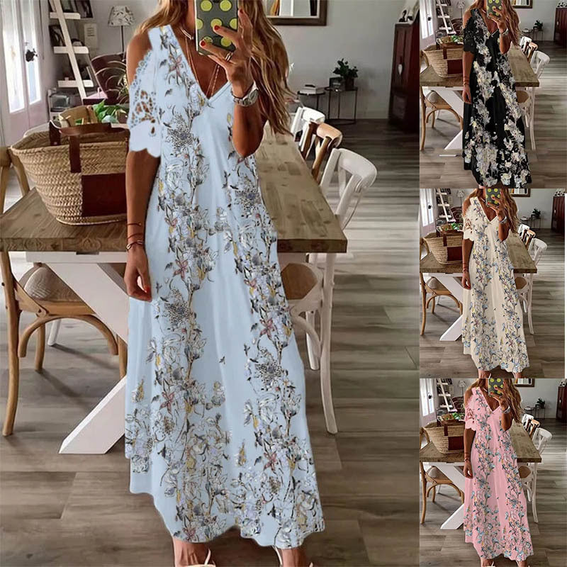 Robe bohème imprimée florale à manches courtes pour femmes, été