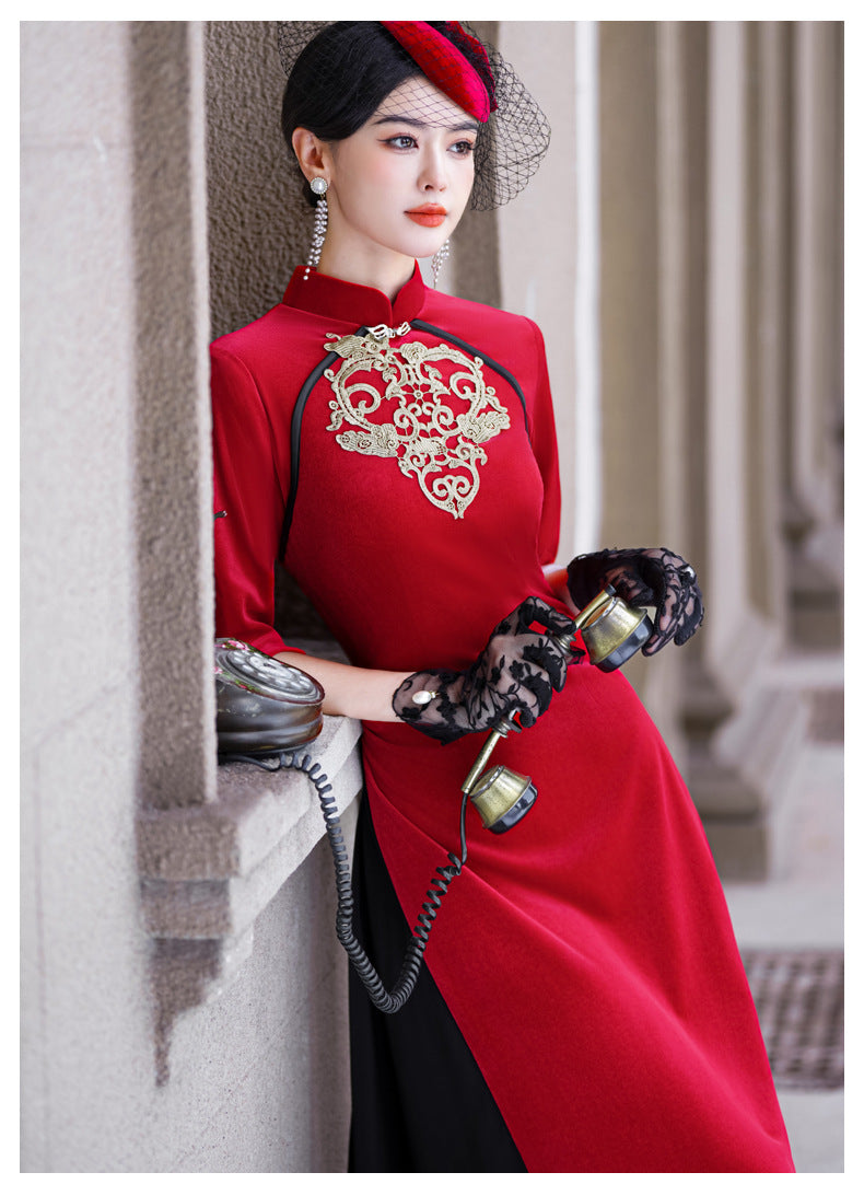 Gold Velvet Chinese Style No Slit Plus Size Cheongsam Women