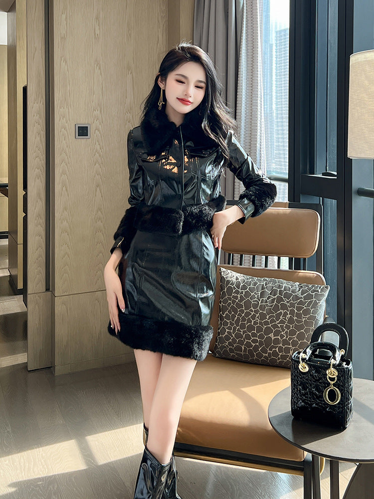 Autumn And Winter Clothing New Fashion Short Leather Coat Sheath Skirt Two-piece Set