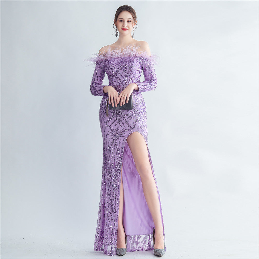 High-density Ostrich Feather Sequins Off-shoulder Long Sleeve Fishtail High-end Evening Dress