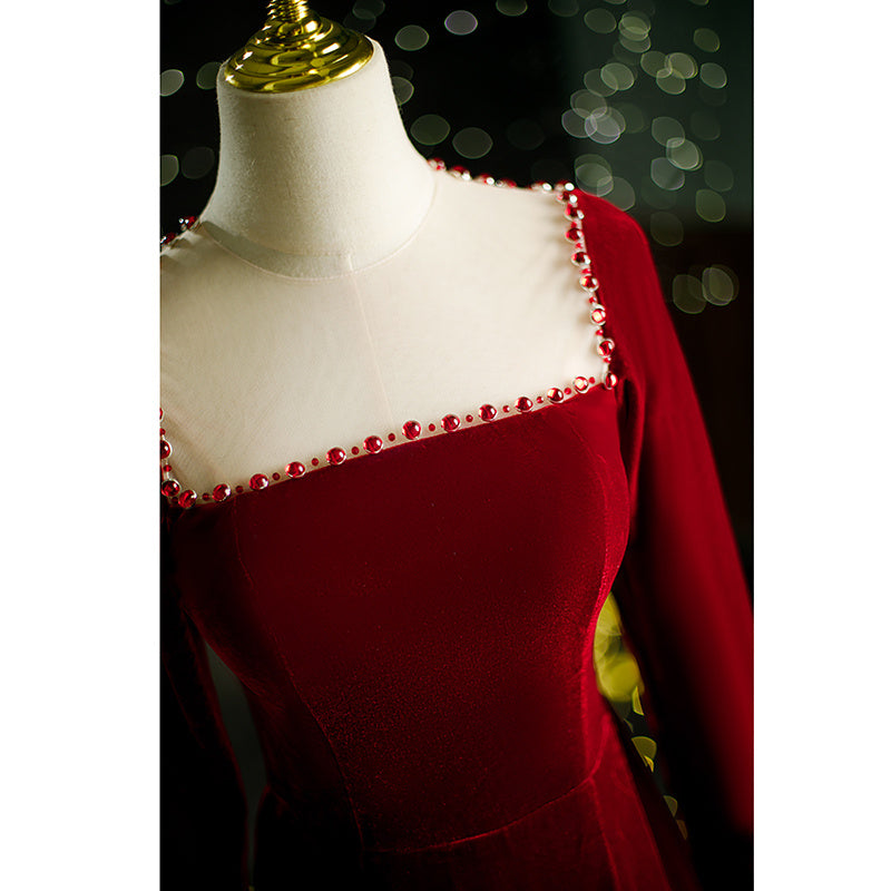 Wine Red Velvet Evening Dress Female Host Performance Dress