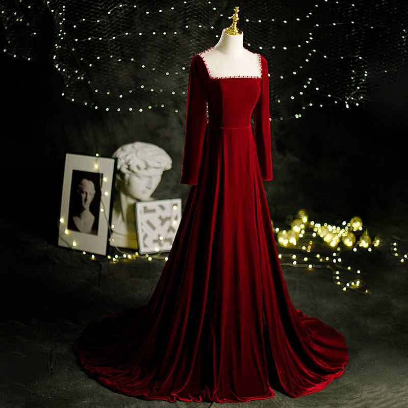 Wine Red Velvet Evening Dress Female Host Performance Dress