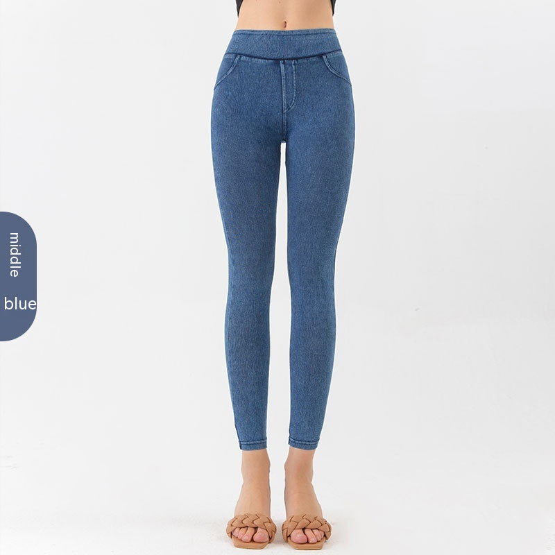 Pantalones de yoga de mezclilla Pantalones casuales ajustados deportivos de bolsillo adelgazante de cintura alta para mujer