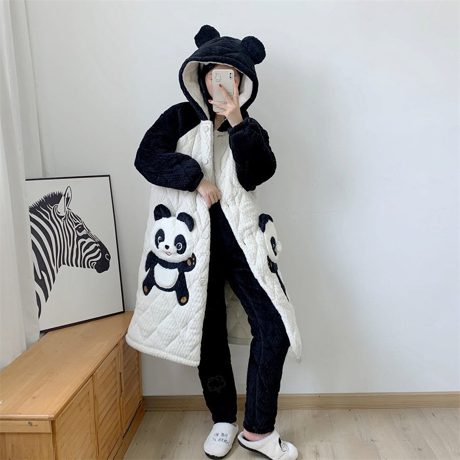 Couple Pajamas Men's And Women's Autumn And Winter Three-layer Thickened Cartoon Flannel Warm Loungewear Suit