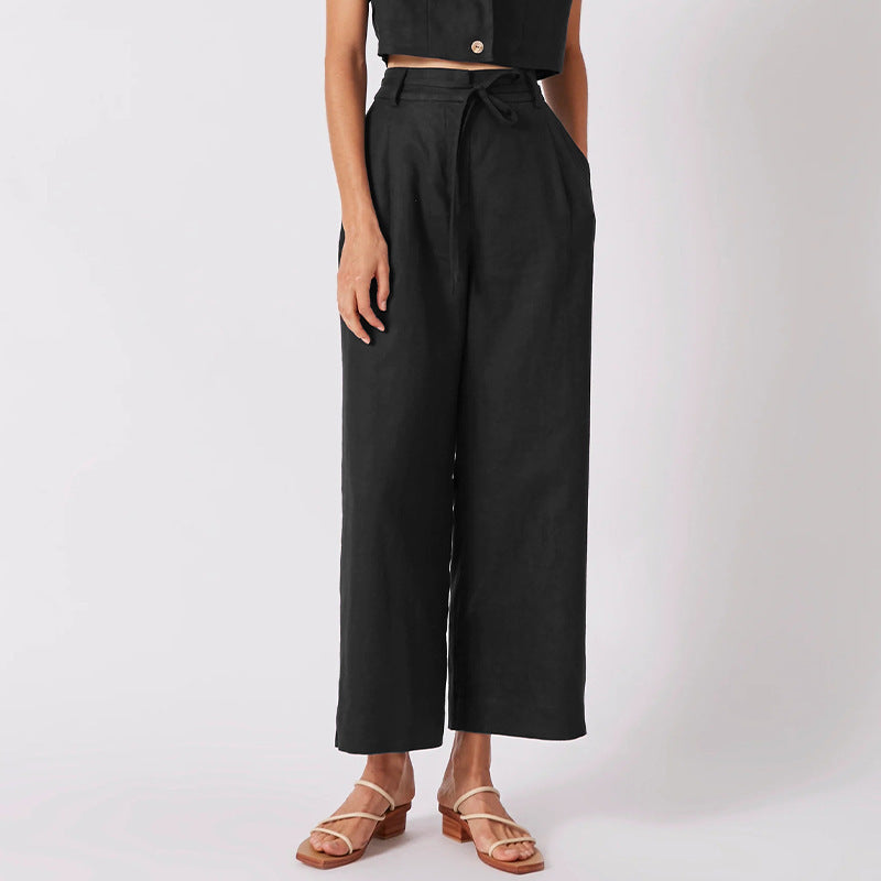 Temperament Commute High Waist Pure Linen Lace-up Cropped Pants