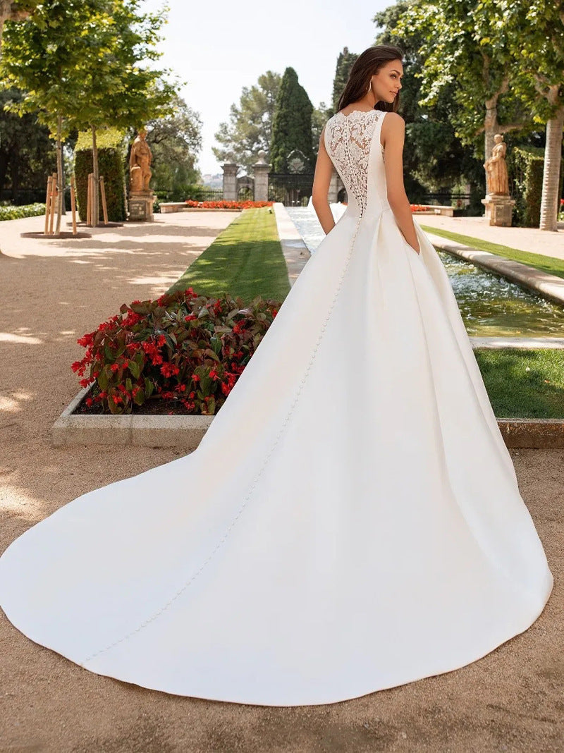 Vestido de novia de encaje Retro francés, textura avanzada, satén, delgado, sencillo, elegante