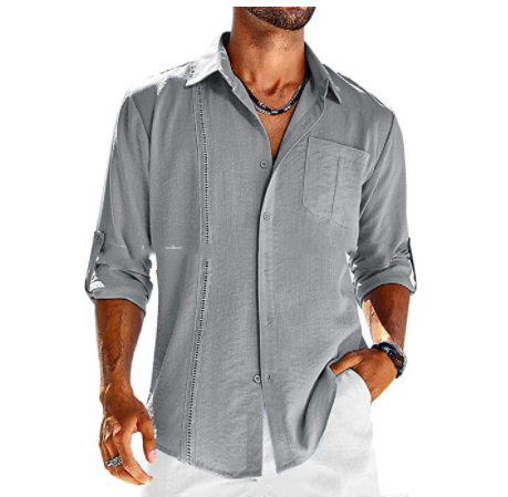 Camisa casual de manga larga con bolsillo, cuello polo de encaje, botón de color sólido, ropa para hombre