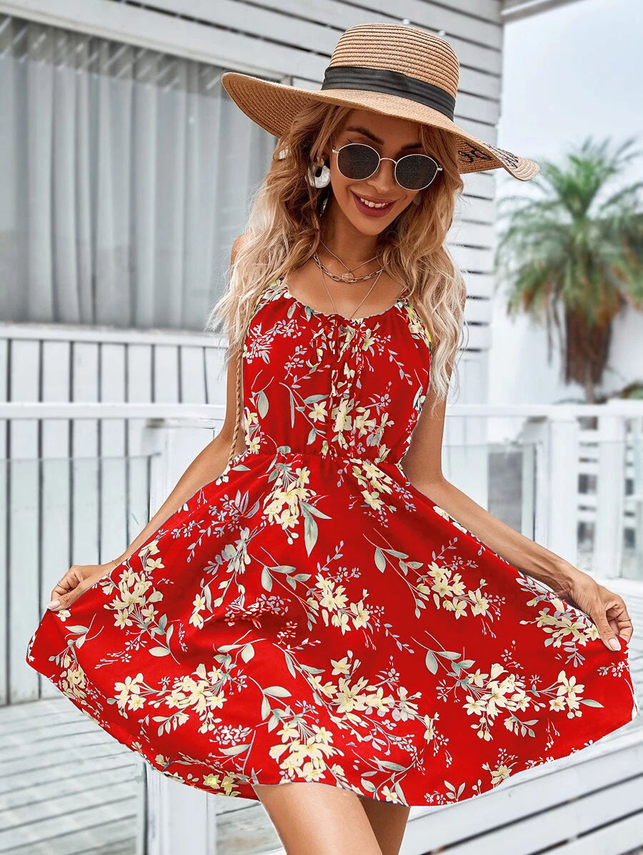 Vestido con tirantes y estampado floral con diseño de cintura elástica, vestidos cortos de verano a la moda, ropa para mujer