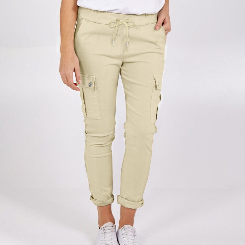 Pantalones cargo casuales con bolsillos Pantalones lápiz de cintura con cordón de color sólido para mujer