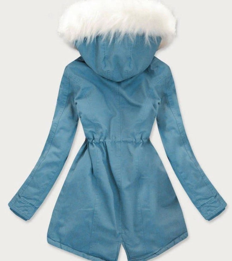 Autumn And Winter Fur Collar Hood Mid-length Denim Trench Coat