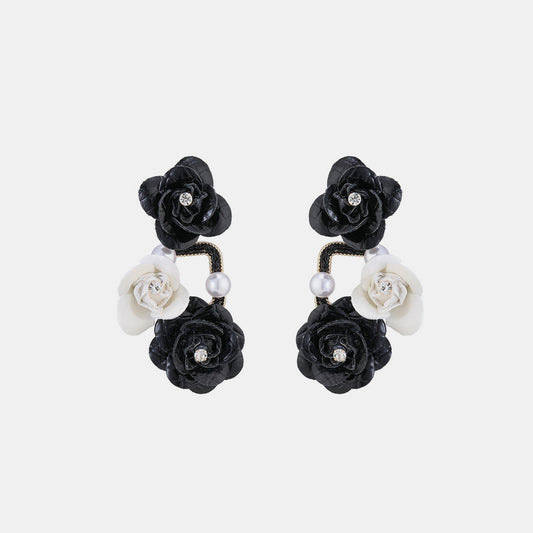 Boucles d'oreilles à fleurs en cuir PU avec strass