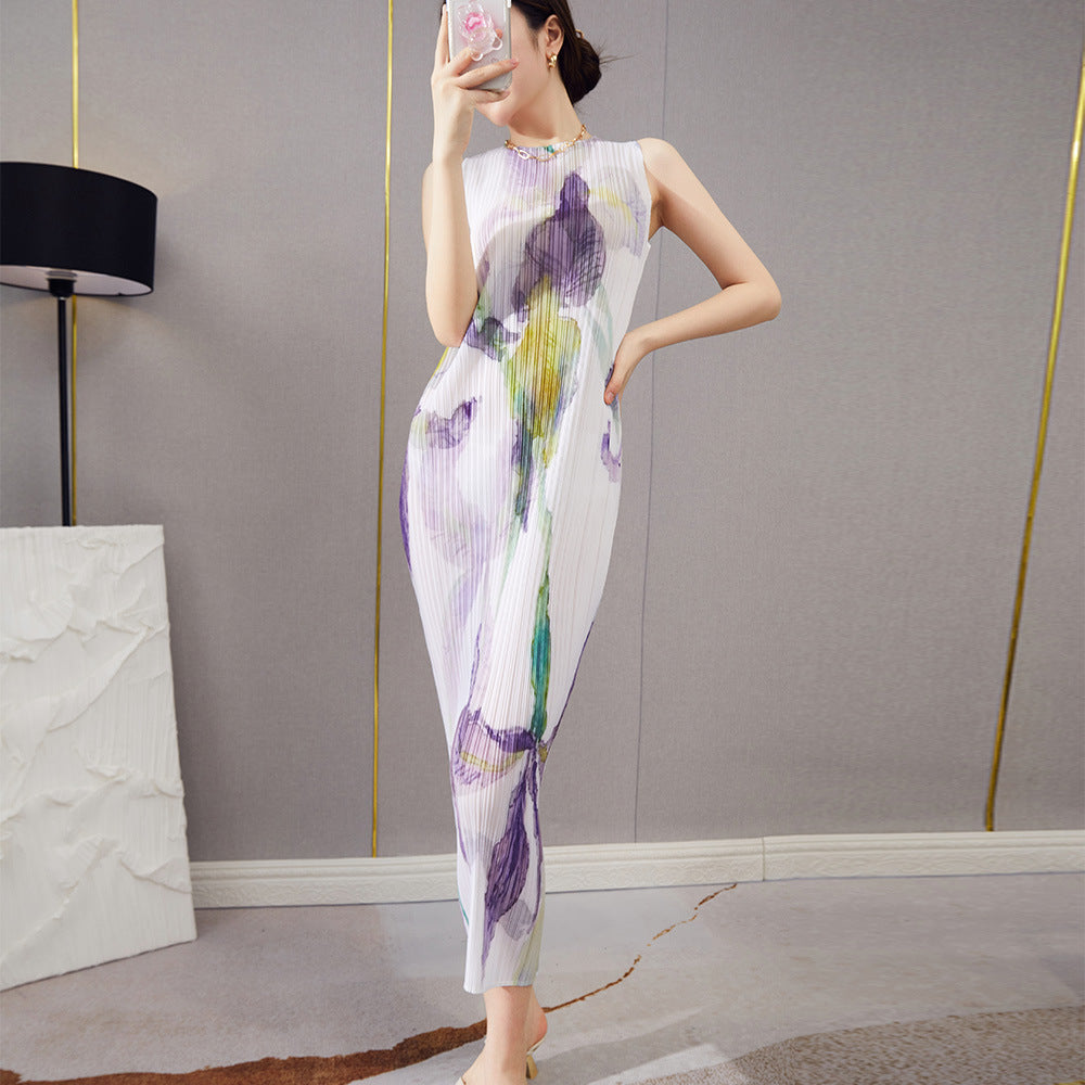 Fashion High-end Pleated Sleeveless Printed Straight Retro Dress