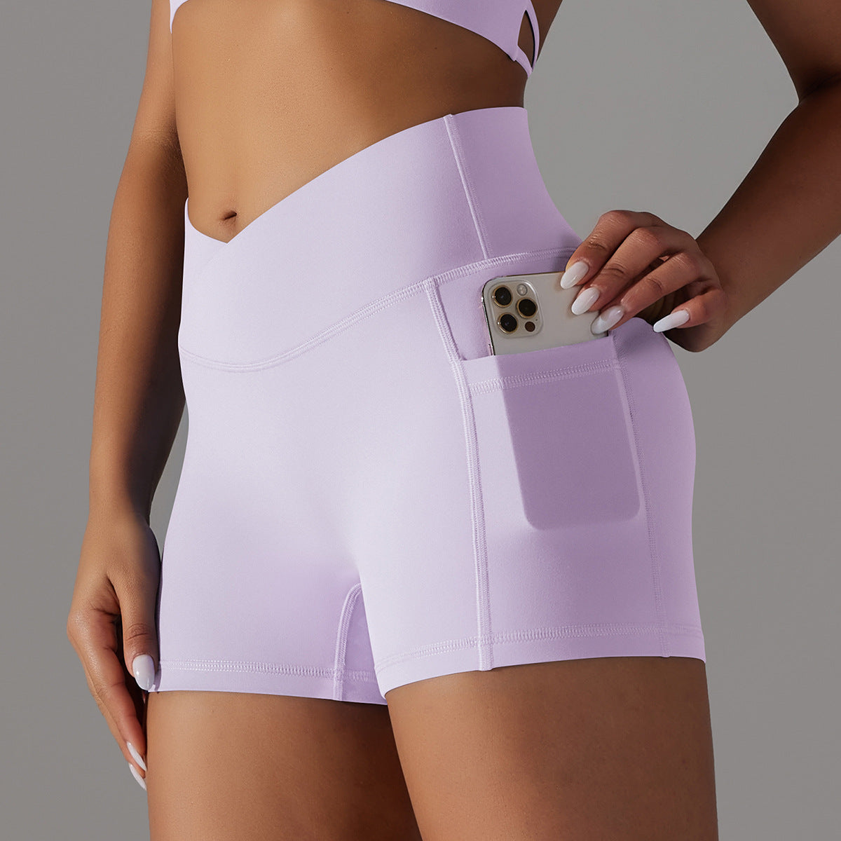 Pantalones cortos de yoga con diseño de bolsillo para teléfono, pantalones deportivos de fitness para ropa de mujer