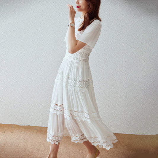 Summer Texture Cotton Ruffled Long Dress Heavy Embroidery Dress