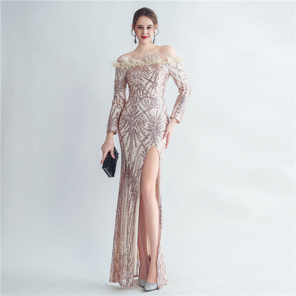 High-density Ostrich Feather Sequins Off-shoulder Long Sleeve Fishtail High-end Evening Dress