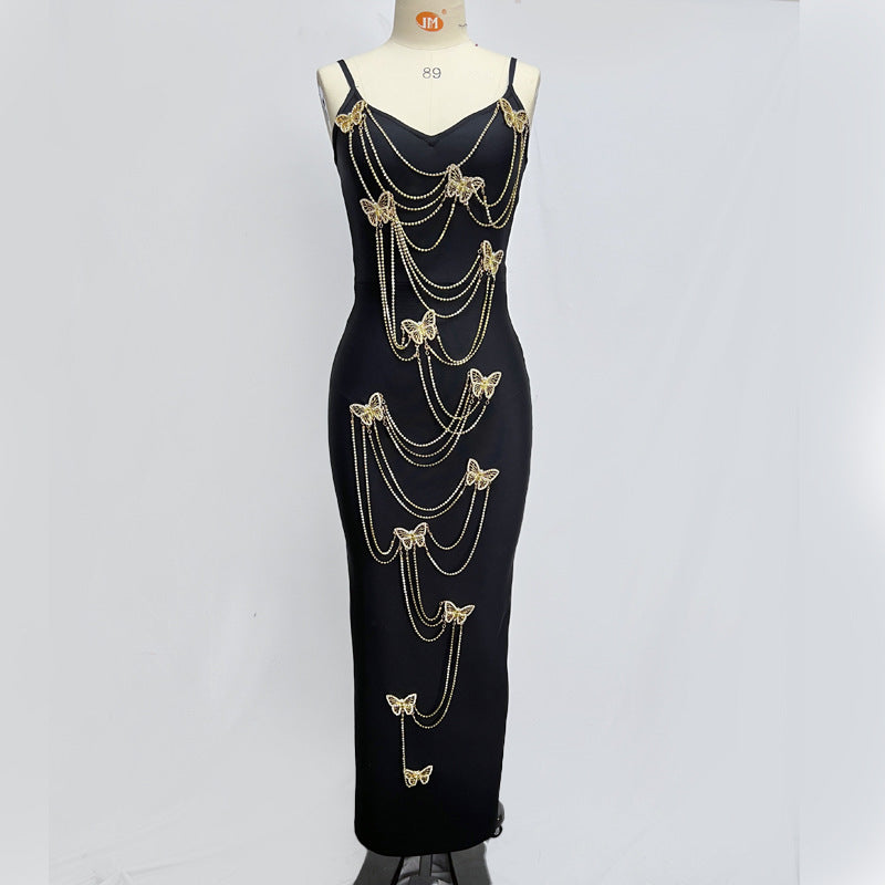 Golden Butterfly Diamond Chain Net Bandage One-piece Dress