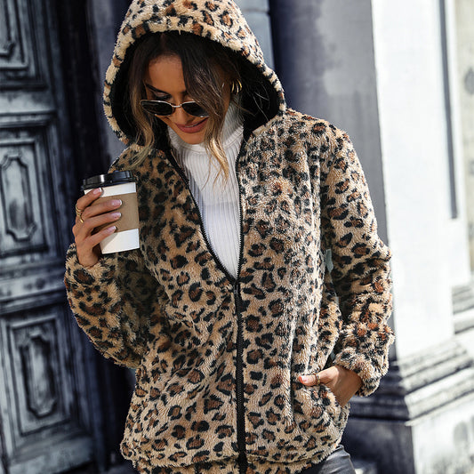 Chaqueta informal holgada de terciopelo de doble cara con estampado de leopardo de manga larga con capucha para mujer