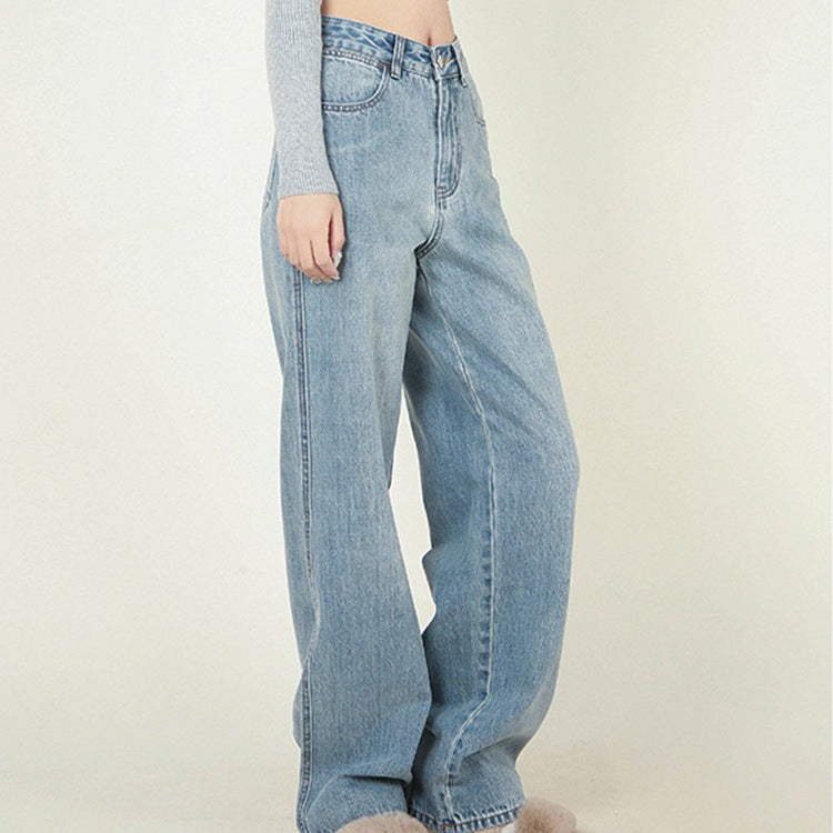 High Waist Loose Retro Brushed White Neutral Daddy Denim Trousers For Women