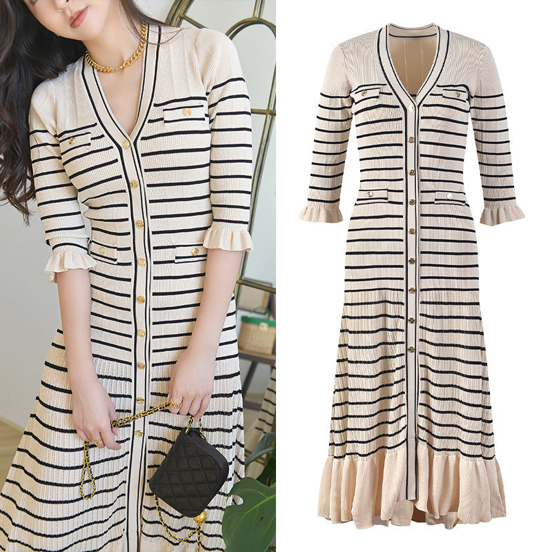 Gentle French Spring And Summer Striped Knitted V-neck Dress