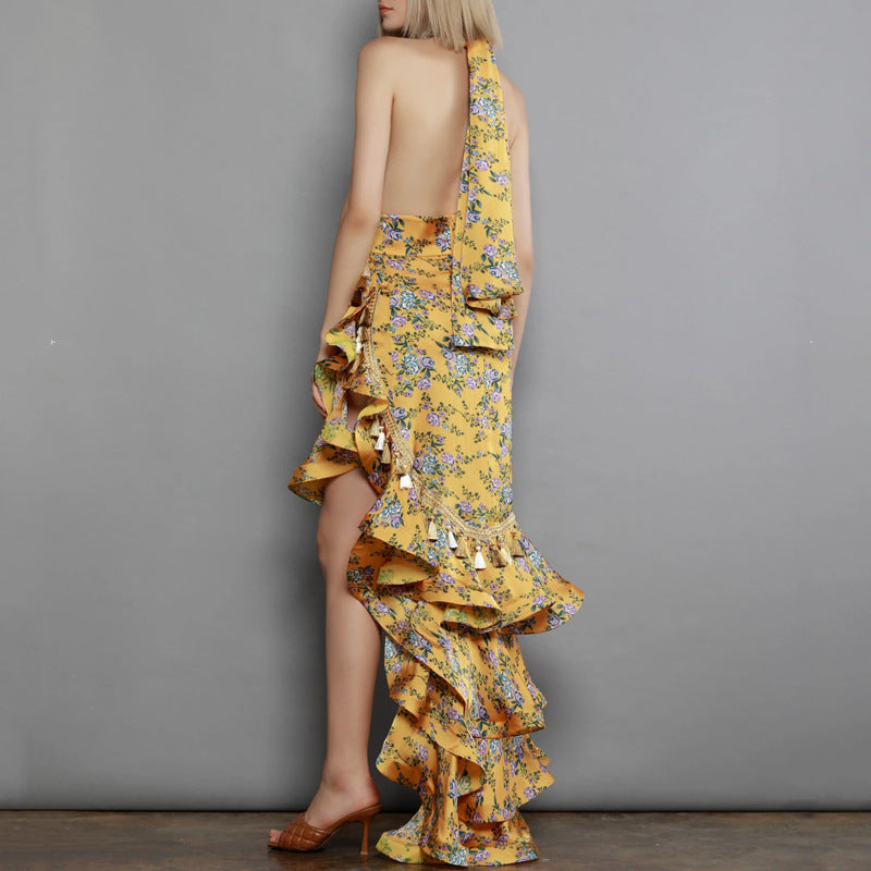 Robe longue imprimée à fleurs, dos nu, dos nu, pour femmes