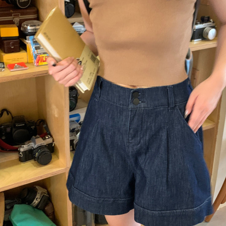 Short en jean taille haute à jambes larges pour femme