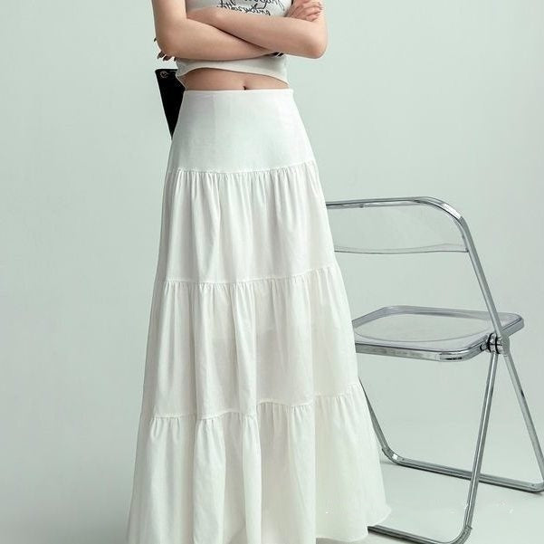 Gentle Cake White Skirt Women's Spring And Summer Big Hem Umbrella Skirt Pleated Slightly Fat Mid-length