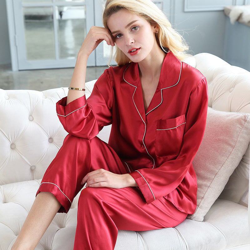 Women's Silk Pajamas Summer Long-sleeve Two-piece Set Mulberry Silk Couple Home Wear