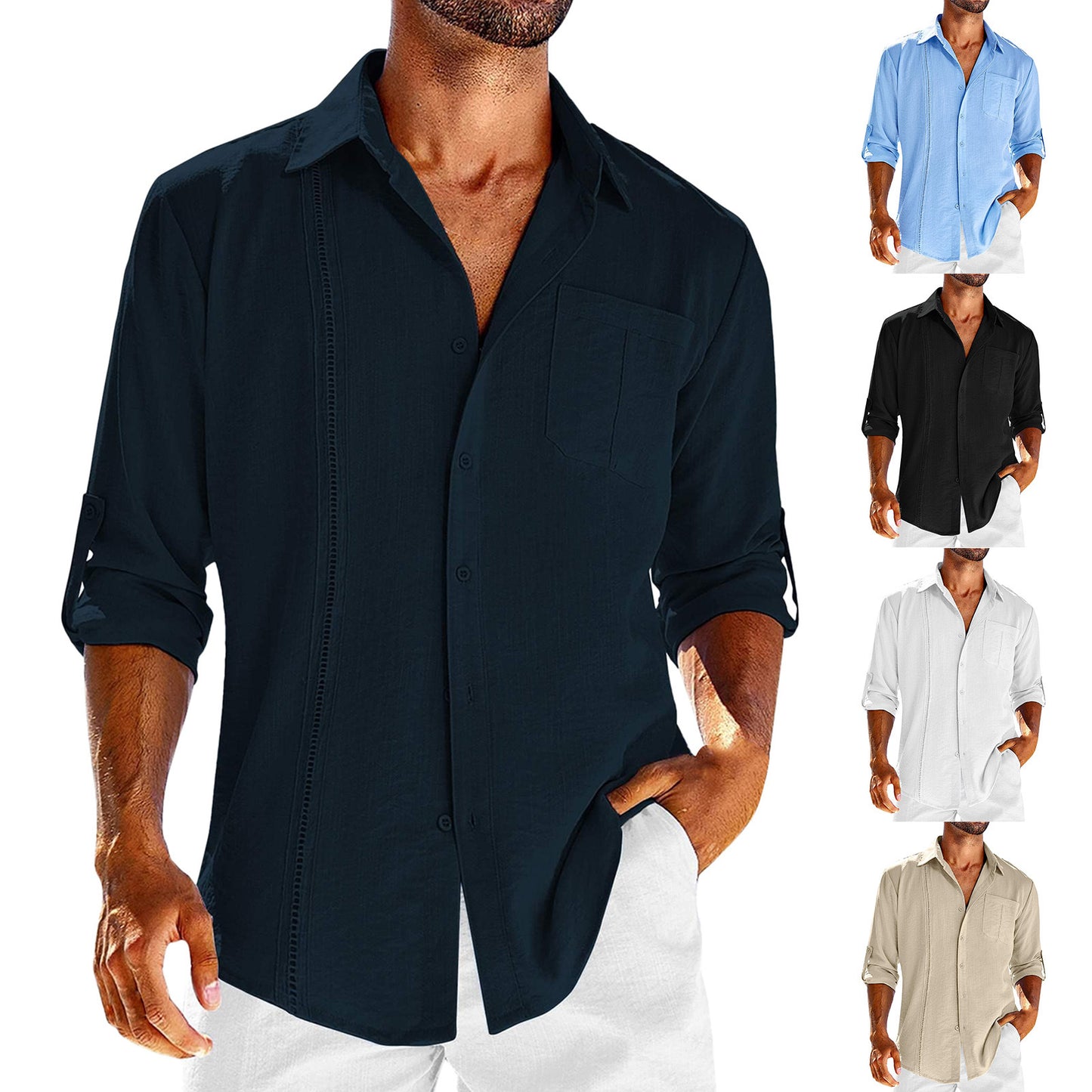 Camisa casual de manga larga con bolsillo, cuello polo de encaje, botón de color sólido, ropa para hombre