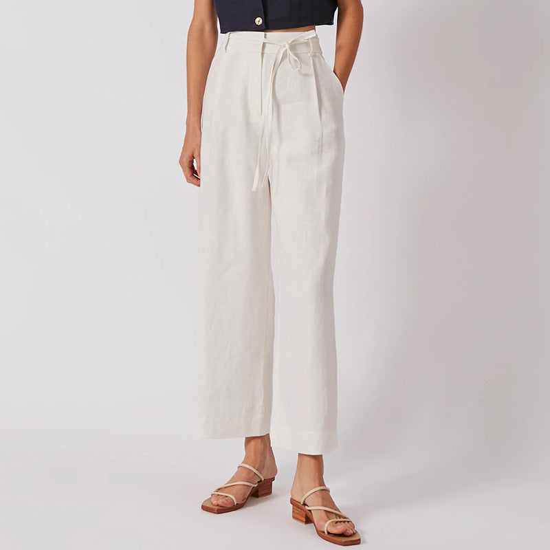 Temperament Commute High Waist Pure Linen Lace-up Cropped Pants