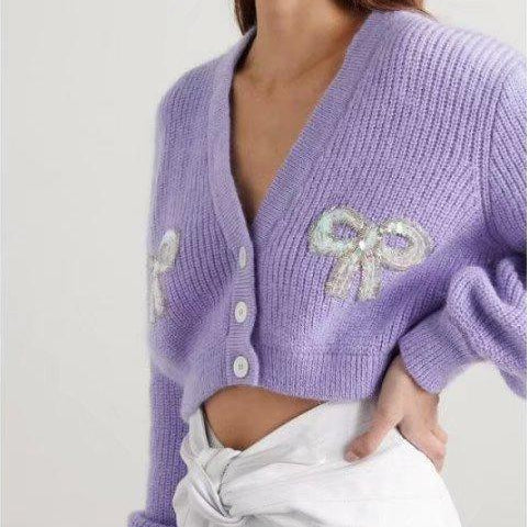 Fashion Handmade Beads Sequined Bow Purple Lantern Sleeve V-neck Knitted Cardigan Sweater