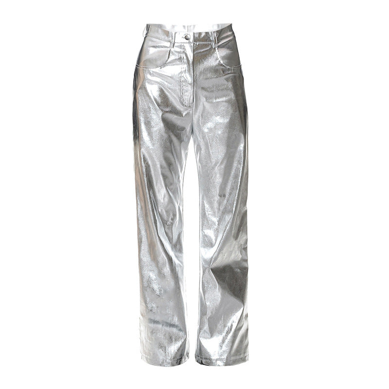 Pantalon décontracté en cuir PU brillant avec poches et fermeture éclair pour femme, nouvelle mode automne et hiver