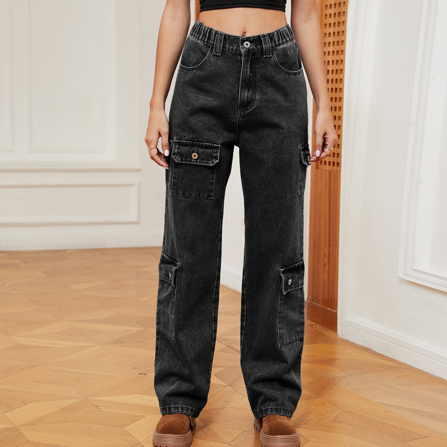 Pantalon décontracté de travail en denim de personnalité de conception semi-élastique lavée américaine