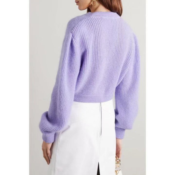 Fashion Handmade Beads Sequined Bow Purple Lantern Sleeve V-neck Knitted Cardigan Sweater