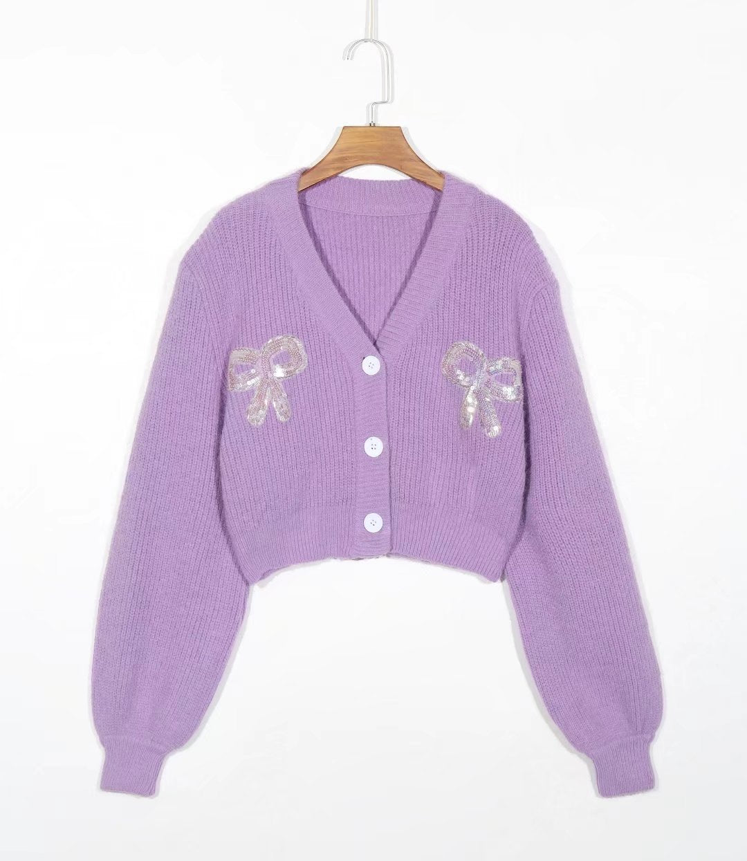 Fashion Handmade Beads Sequined Bow Purple Lantern Sleeve V-neck Knitted Cardigan Sweater