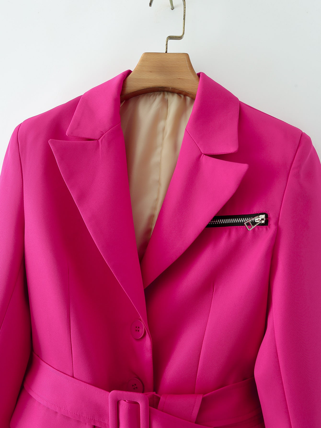 Vêtements pour femmes Blazer de bureau à lacets de couleur unie avec col et fermeture éclair Blazer rose rouge