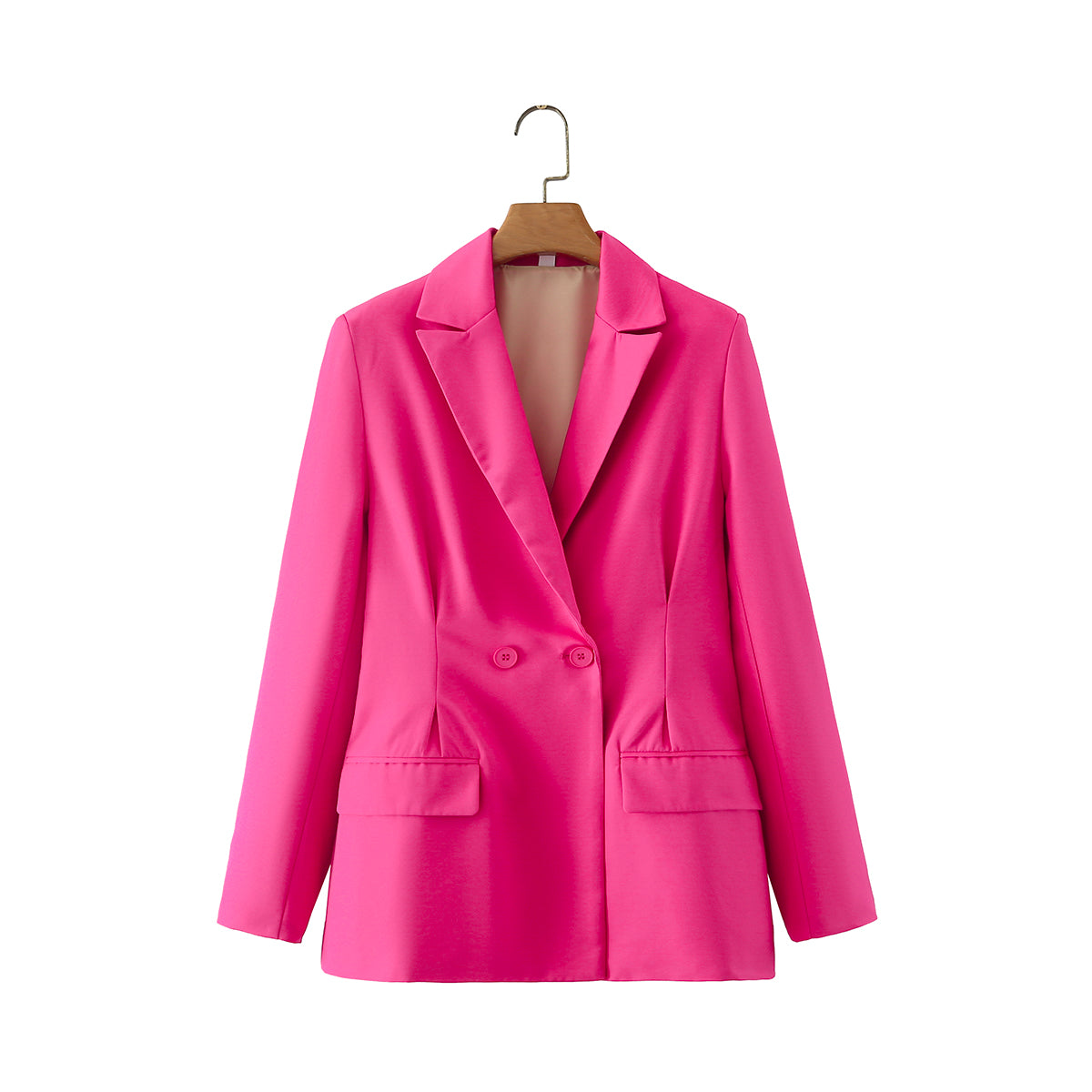 Les femmes portent un blazer slim plissé à double boutonnage rouge rose au début du printemps