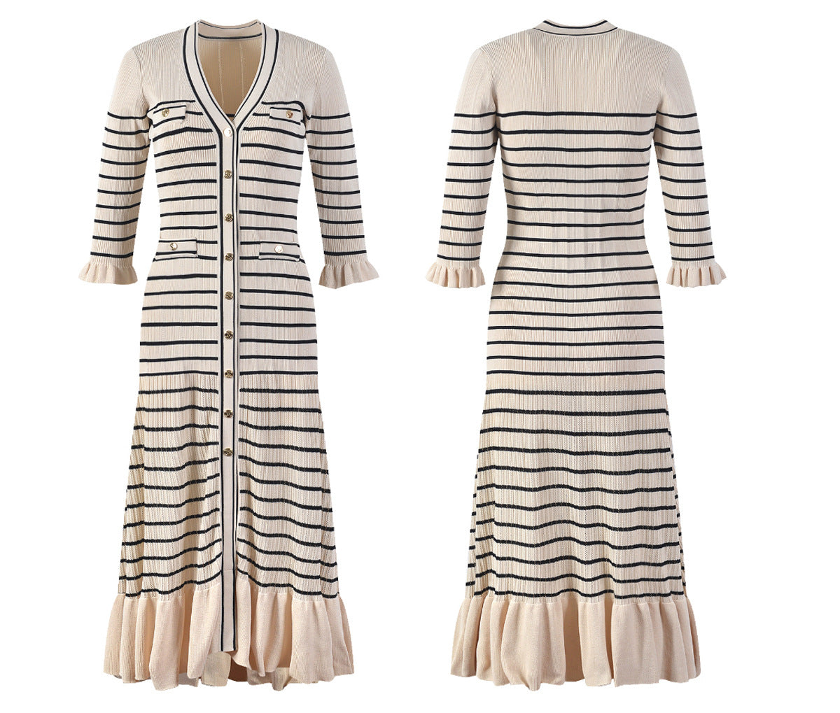 Gentle French Spring And Summer Striped Knitted V-neck Dress