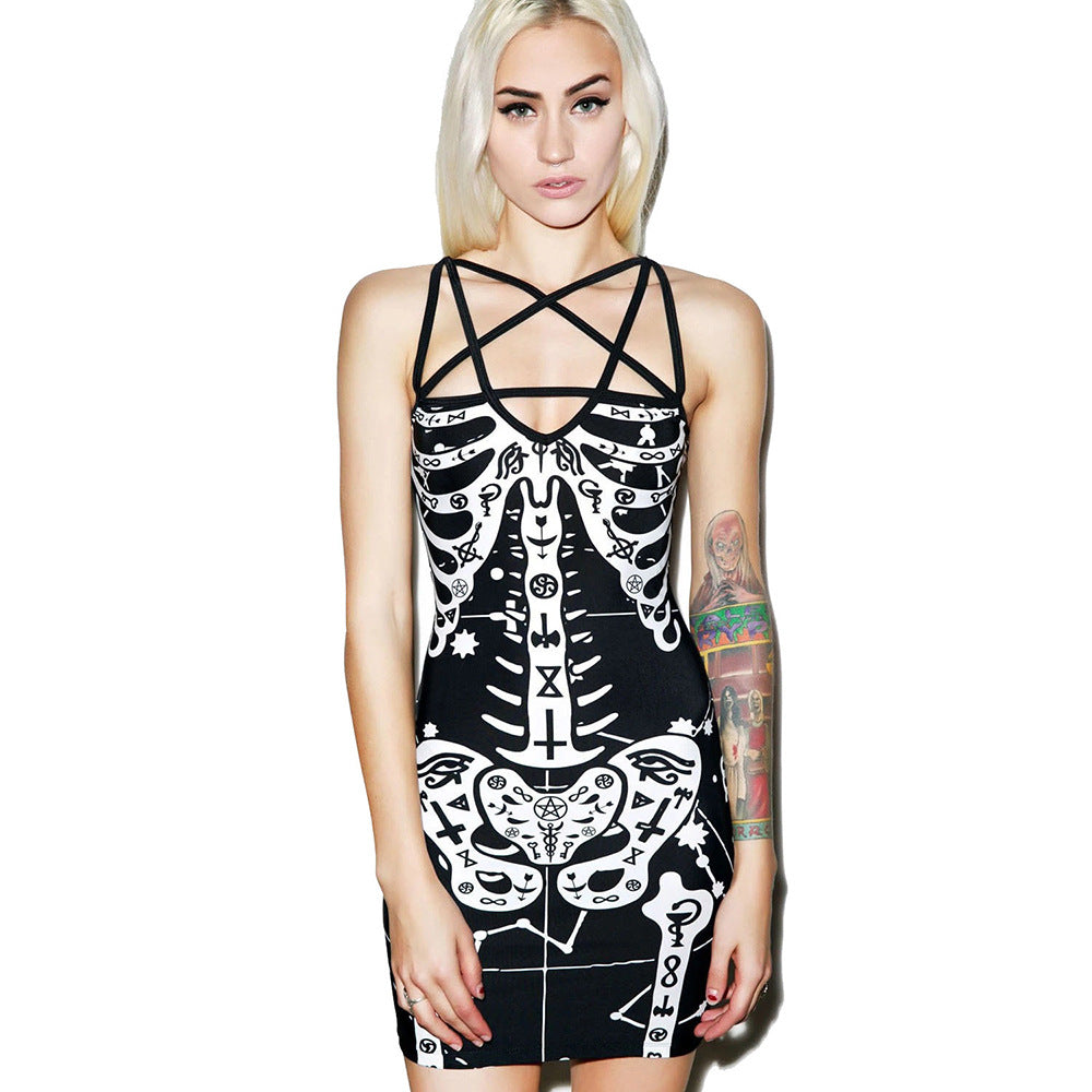 Women Halloween Cross Sling Skull Bones Printed Sexy Dress