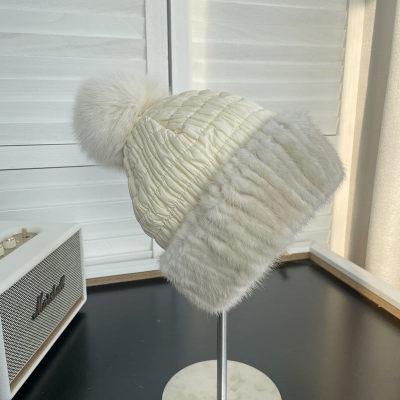 Winter Warm Mink Fur Woven Mink Fur Cap Women's Cute Fox Fur Ball Down Cotton Ear Protection Fur Hat