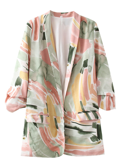 Women Three-Quarter Sleeve Chiffon Blazer without Buckle Spring Autumn Printed Pleated Sleeve Blazer