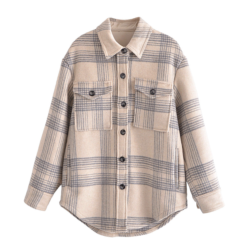 Automne rétro laine ample mélangé Plaid laine Shacket femmes