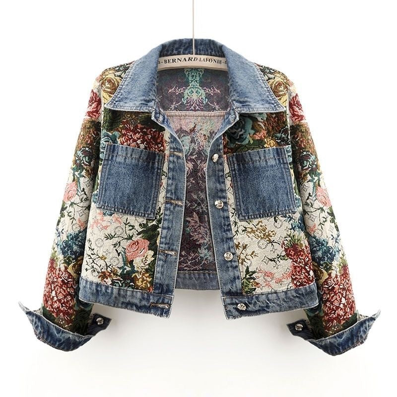 All-match Printed Patchwork Long Sleeves Lapel Denim Coat