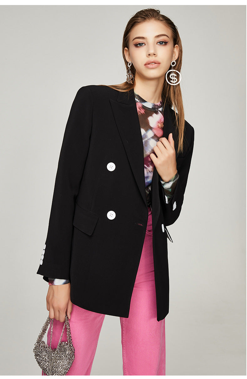 Blazer negro para mujer Primavera Otoño Elegante Blazer informal ajustado pequeño con doble botonadura