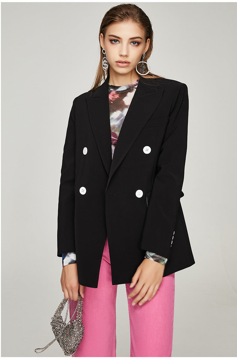 Blazer negro para mujer Primavera Otoño Elegante Blazer informal ajustado pequeño con doble botonadura