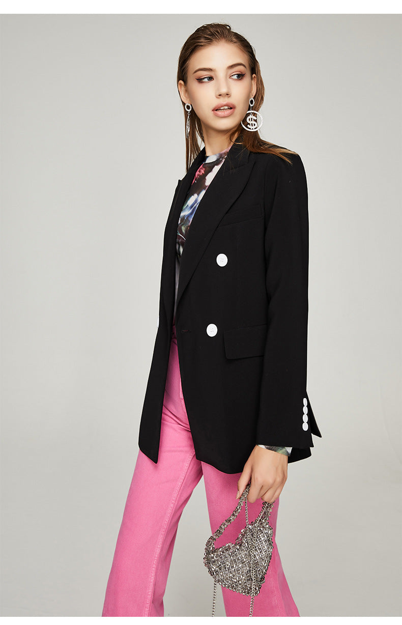 Blazer negro para mujer Primavera Otoño Elegante Blazer informal ajustado pequeño con doble botonadura