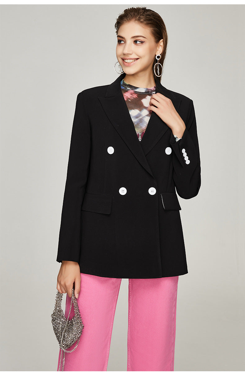 Blazer negro para mujer Primavera Otoño Elegante Blazer informal ajustado pequeño con doble botonadura